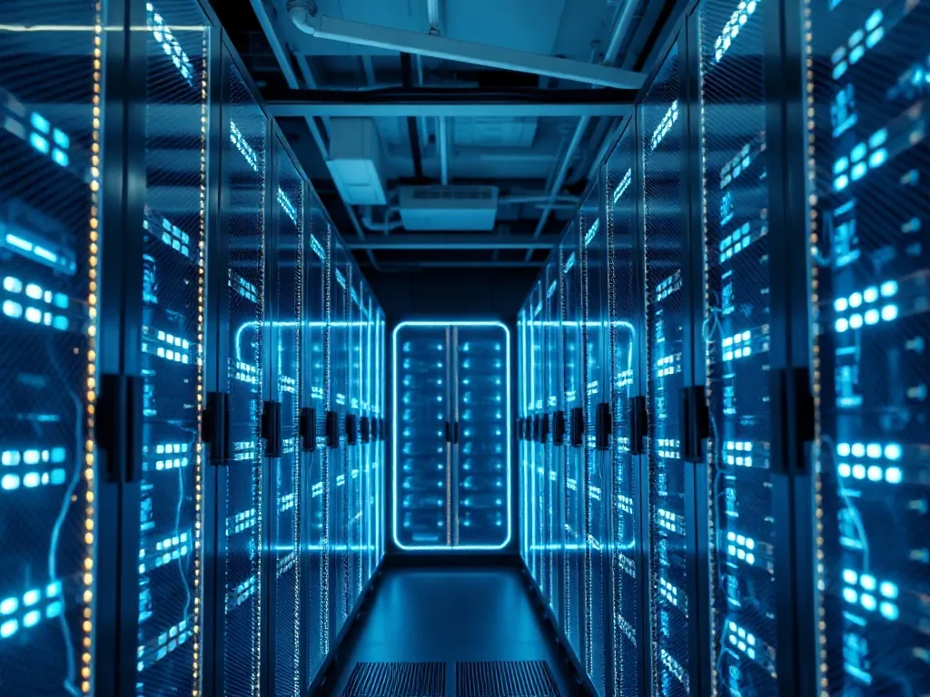 A high-tech server room with glowing blue and white lights,